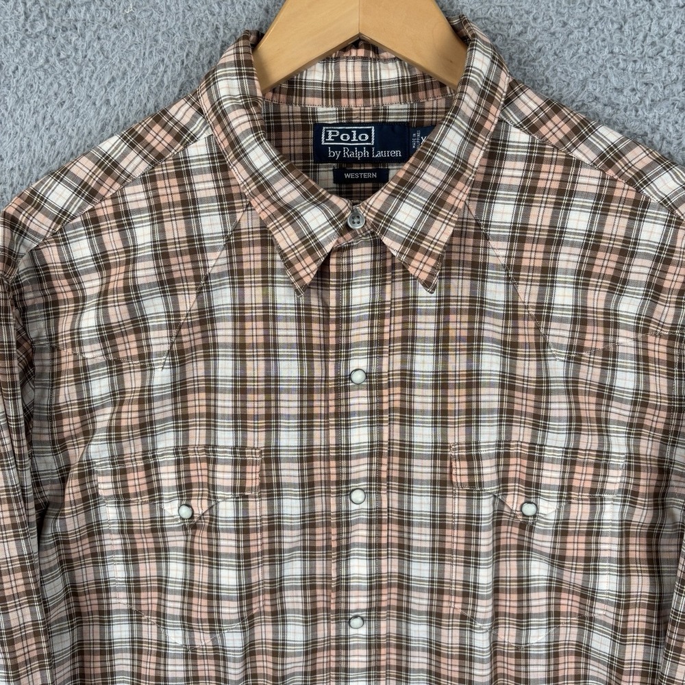 Vintage Polo Ralph Lauren Pearl Snap Western Shirt Mens XL Brown Plaid Cotton